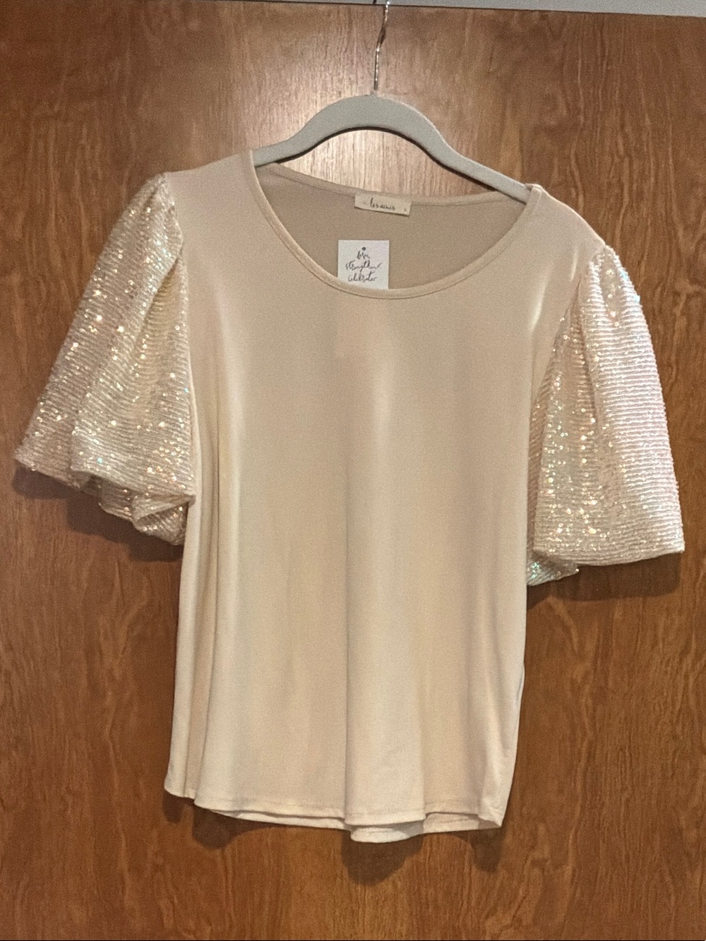 Les amis Cream Short Sleeve Sequin Flutter Top